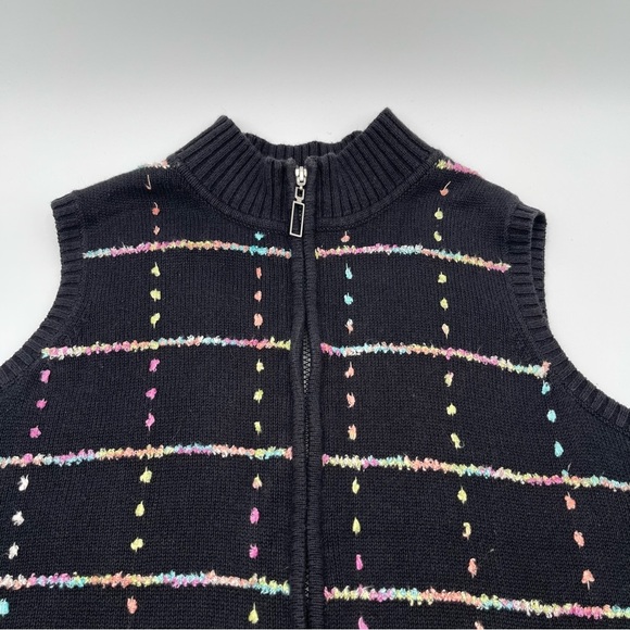 CJ Banks 1X Hand Embroidered Zip up Cardigan Sweater Vest Black Pastel Ramie - Picture 6 of 12